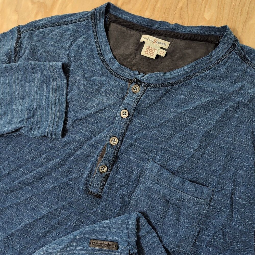 Carbon 2 Cobalt Sweater Mens XLT‎ Blue Henley Textured L/S Pullover Sweater Logo
